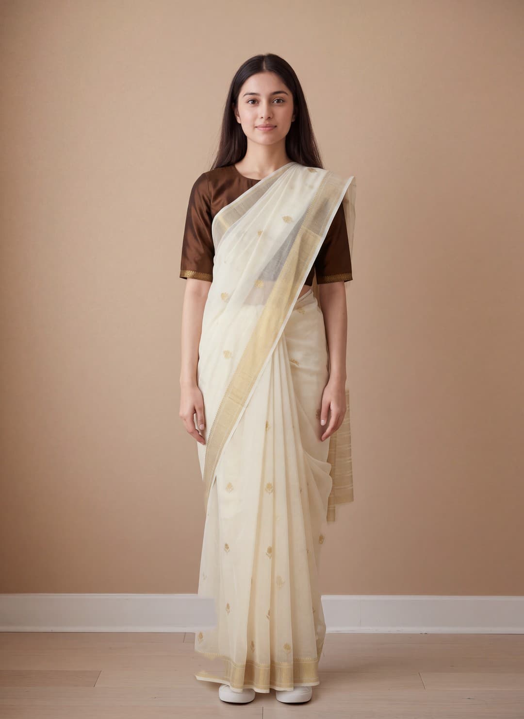 The same customer wearing the muslin saree